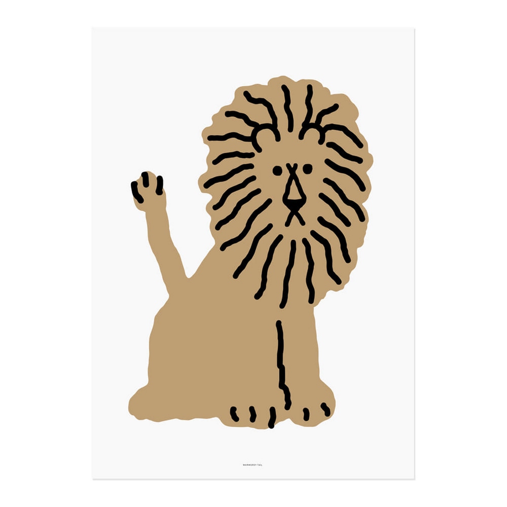 Poster Lion White mit Illustration eines sitzenden, goldenen Loewen mit voller Maehne.